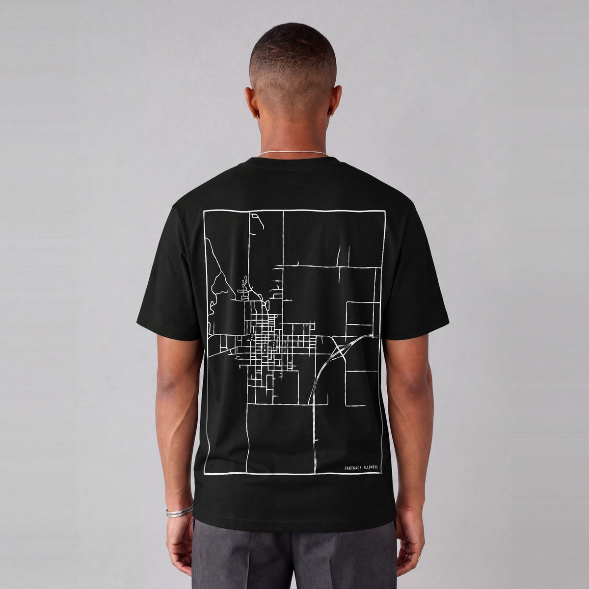 Carthage map tee, back print on model - Black