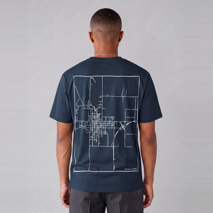 Carthage map tee, back print on model - Navy Blue