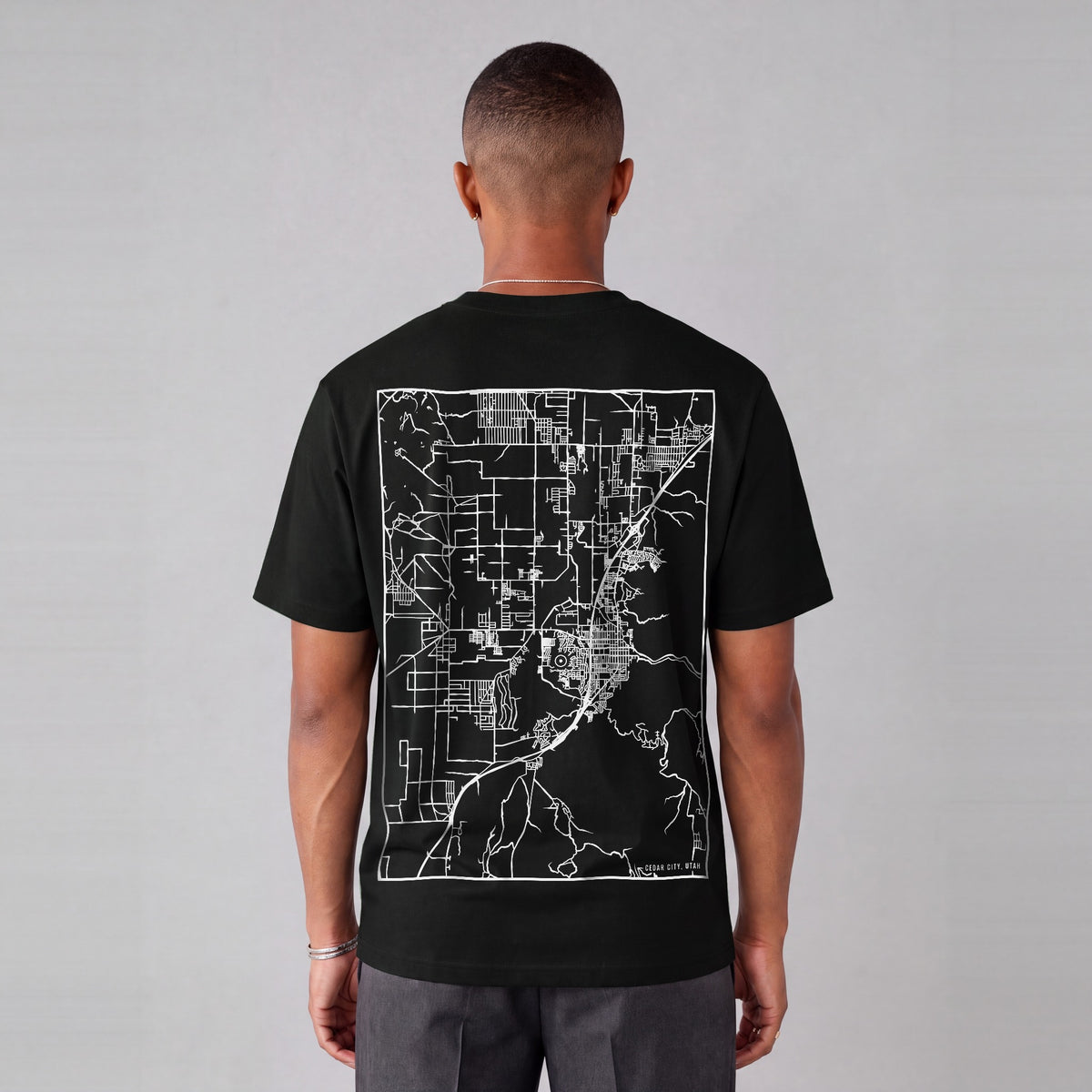 Cedar City map tee, back print on model - Black