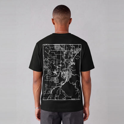 Cedar City map tee, back print on model - Black