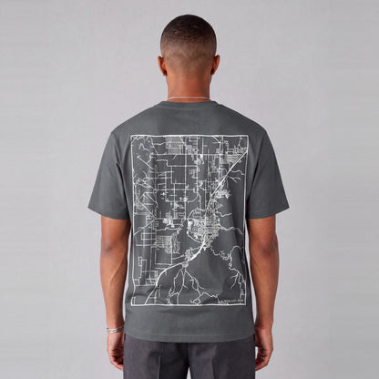 Cedar City map tee, back print on model - Charcoal