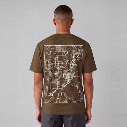 Cedar City map tee, back print on model - Coffee