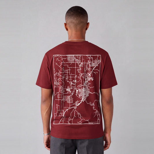 Cedar City map tee, back print on model - Maroon