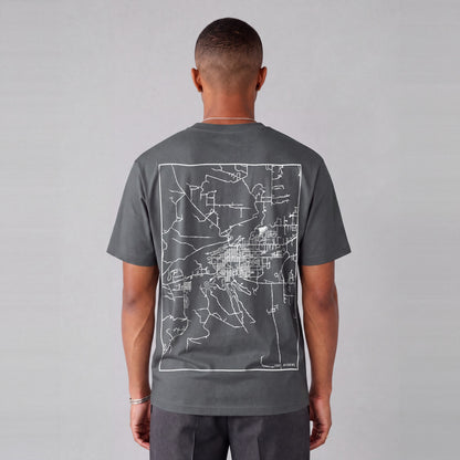 Cody map tee, back print on model - Charcoal