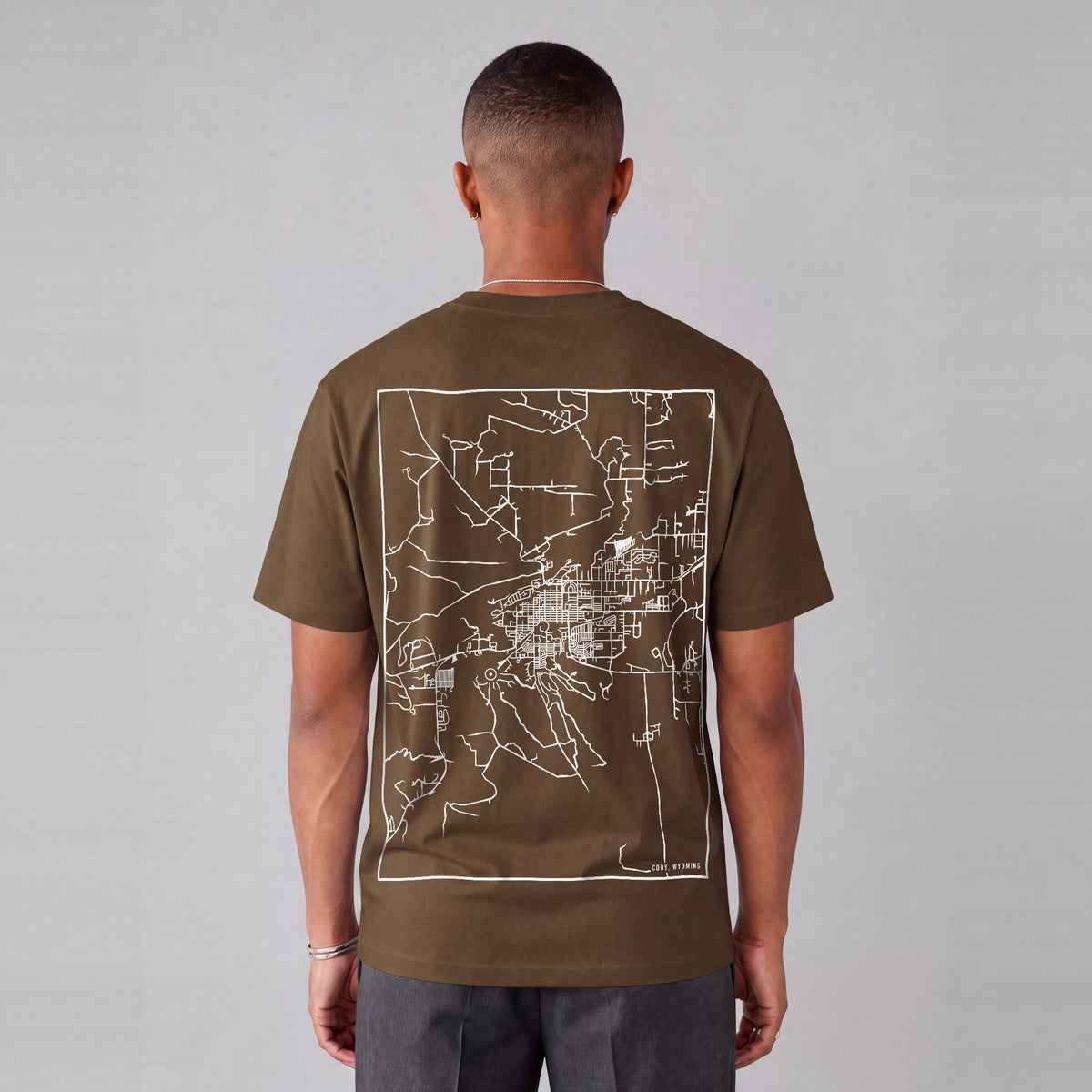 Cody map tee, back print on model - Coffee
