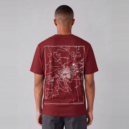 Cody map tee, back print on model - Maroon