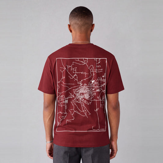 Cody map tee, back print on model - Maroon