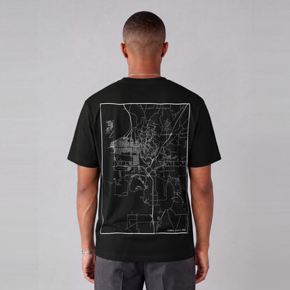 Council Bluffs map tee, back print on model - Black