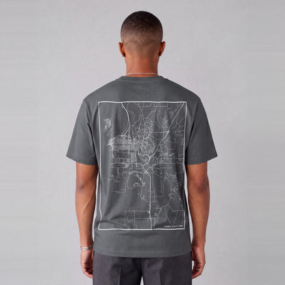 Council Bluffs map tee, back print on model - Charcoal