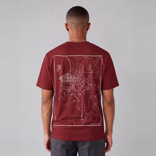 Council Bluffs map tee, back print on model - Maroon