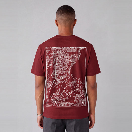 Draper map tee, back print on model - Maroon