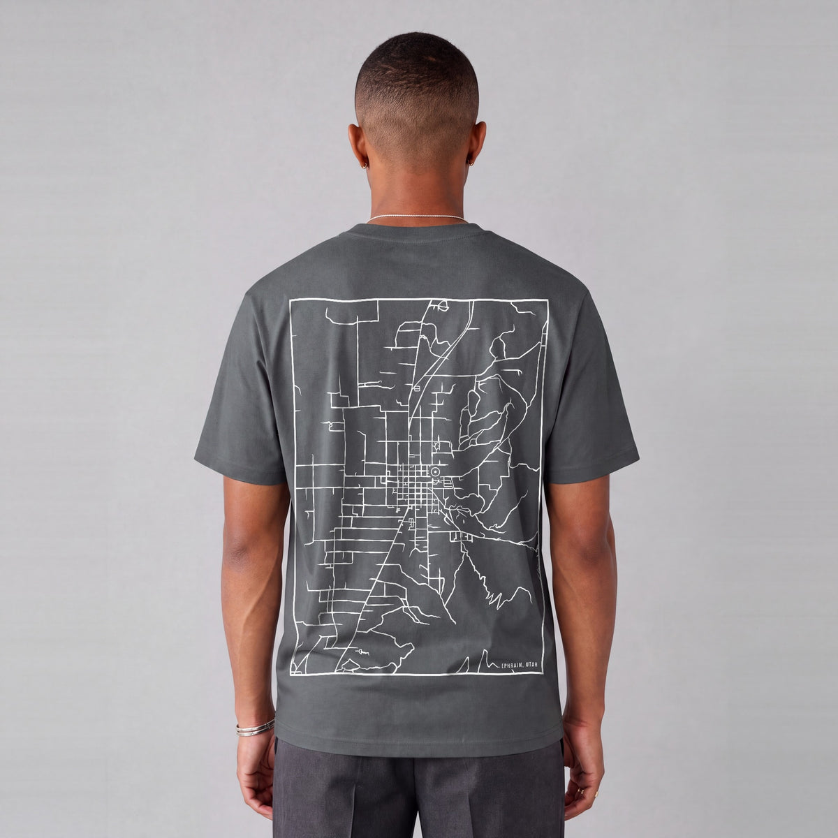 Ephraim map tee, back print on model - Charcoal