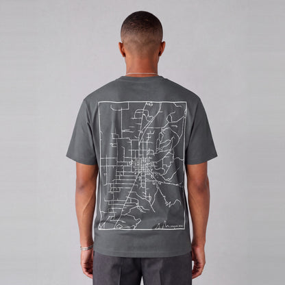 Ephraim map tee, back print on model - Charcoal