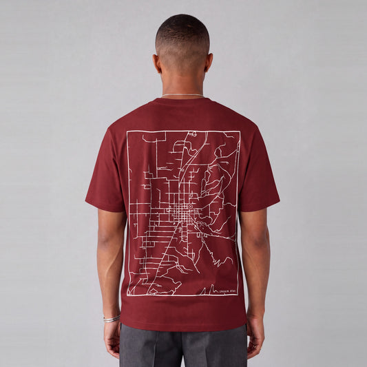 Ephraim map tee, back print on model - Maroon