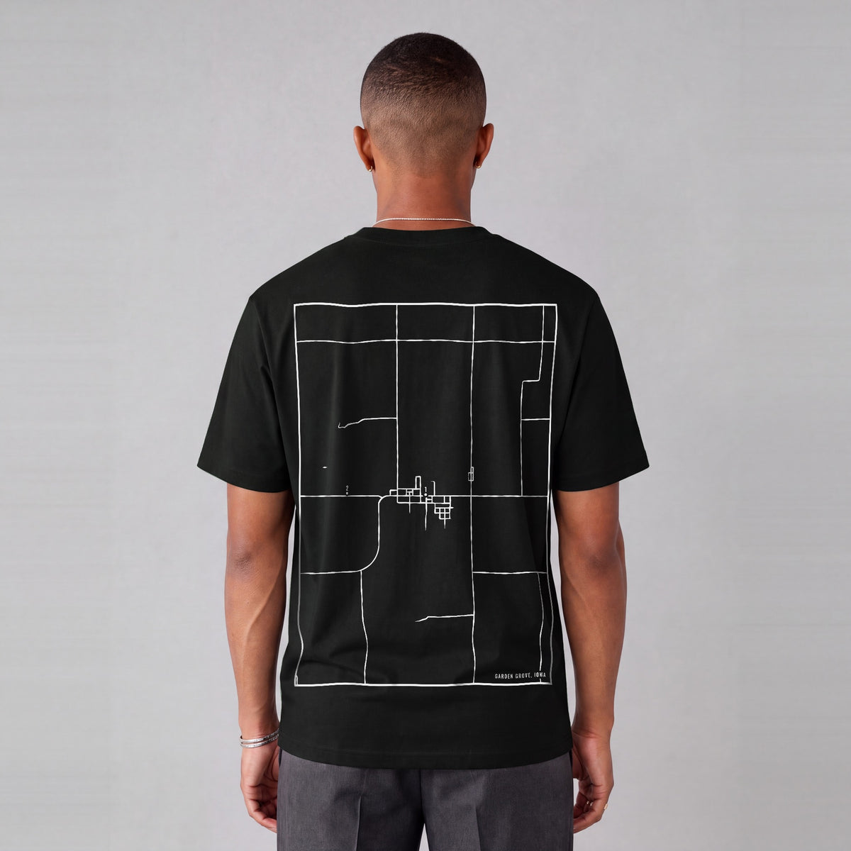 Garden Grove map tee, back print on model - Black
