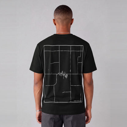 Garden Grove map tee, back print on model - Black