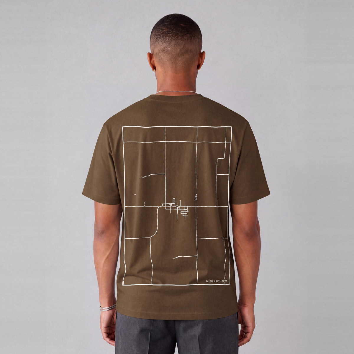 Garden Grove map tee, back print on model - Coffee