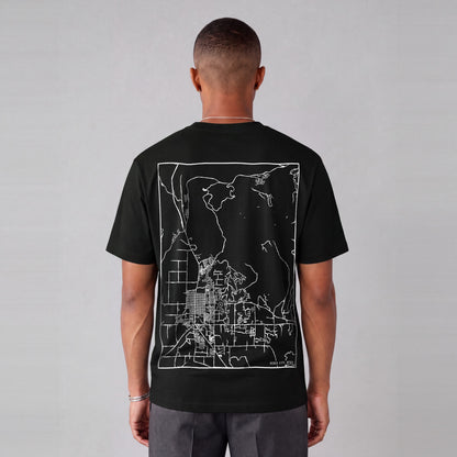 Heber City map tee, back print on model - Black