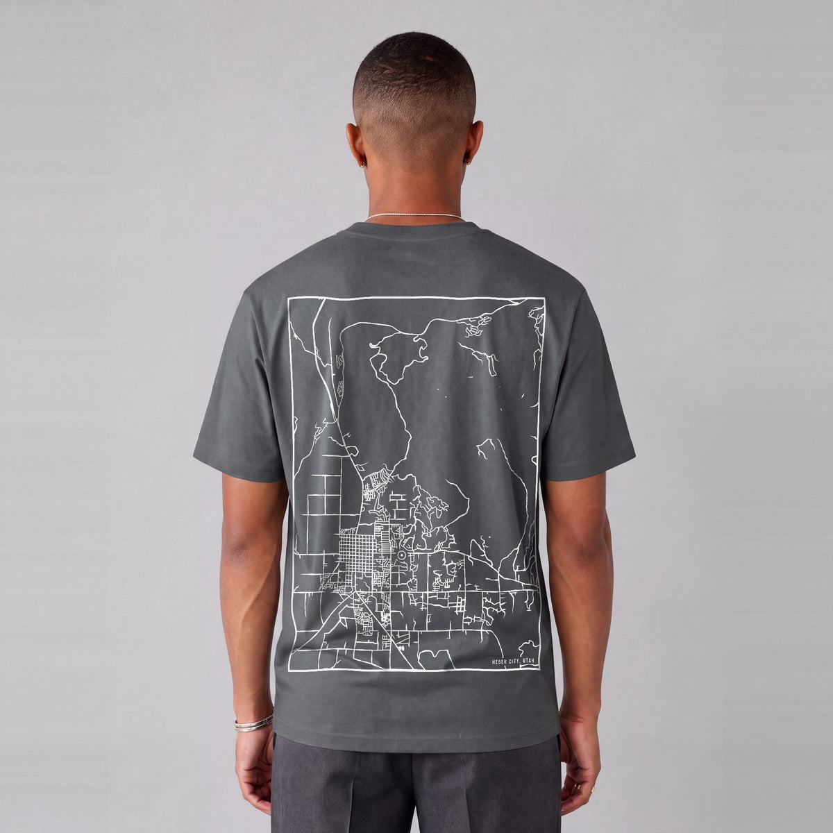 Heber City map tee, back print on model - Charcoal