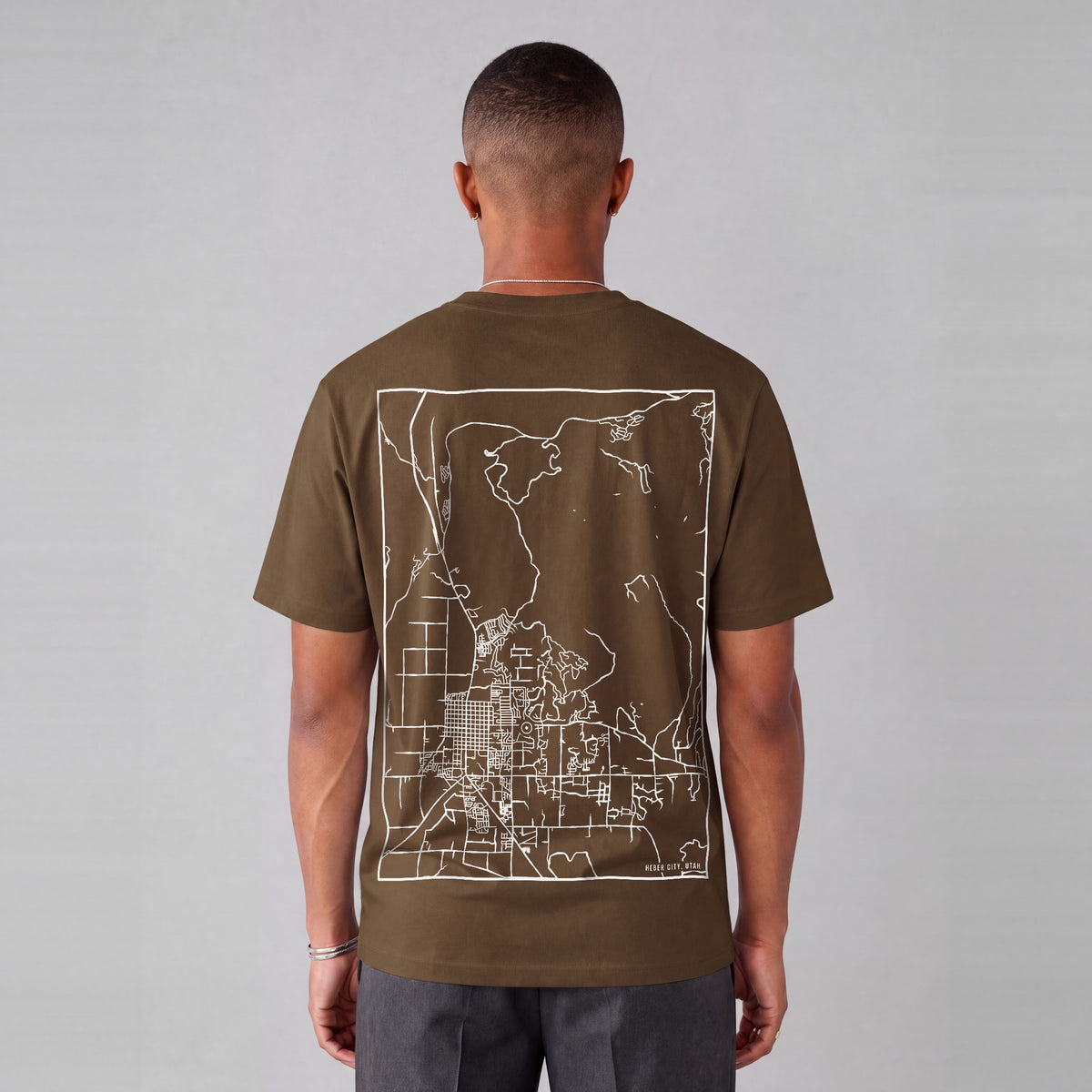 Heber City map tee, back print on model - Coffee