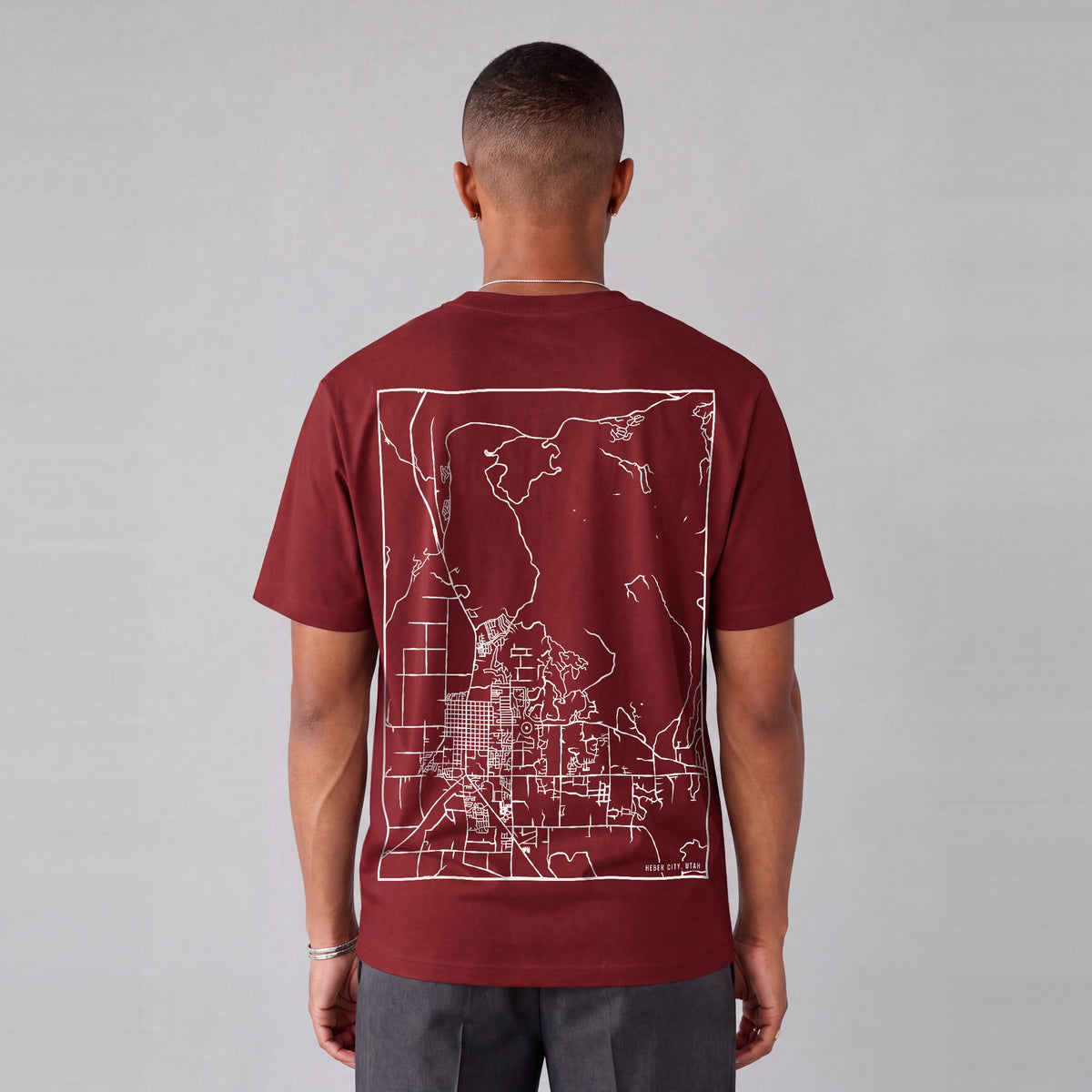 Heber City map tee, back print on model - Maroon