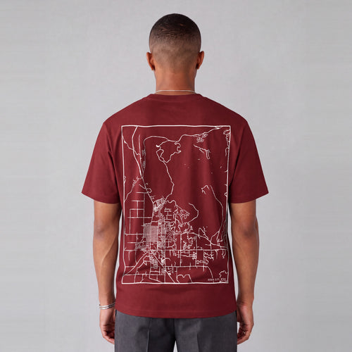 Heber City map tee, back print on model - Maroon