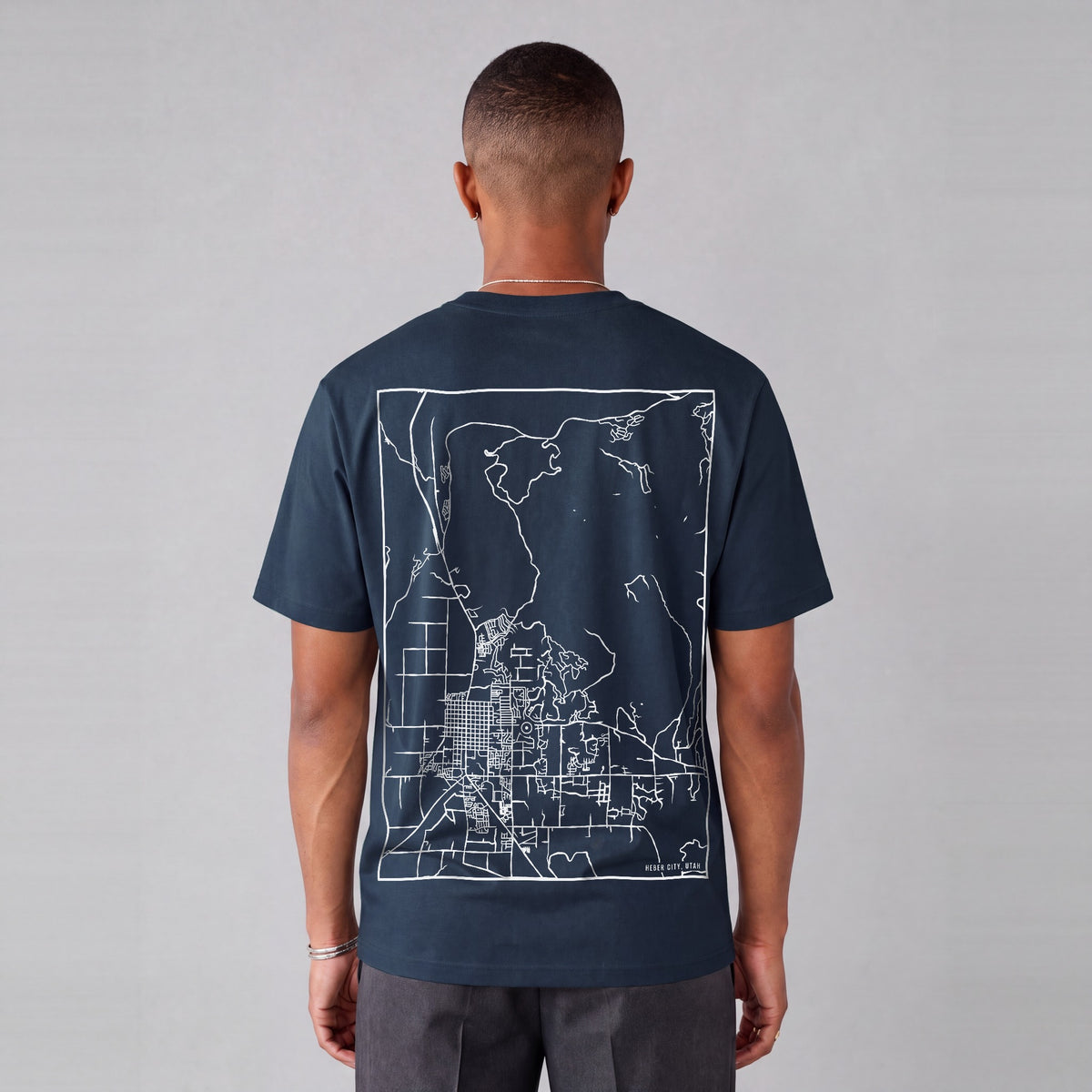 Heber City map tee, back print on model - Navy Blue