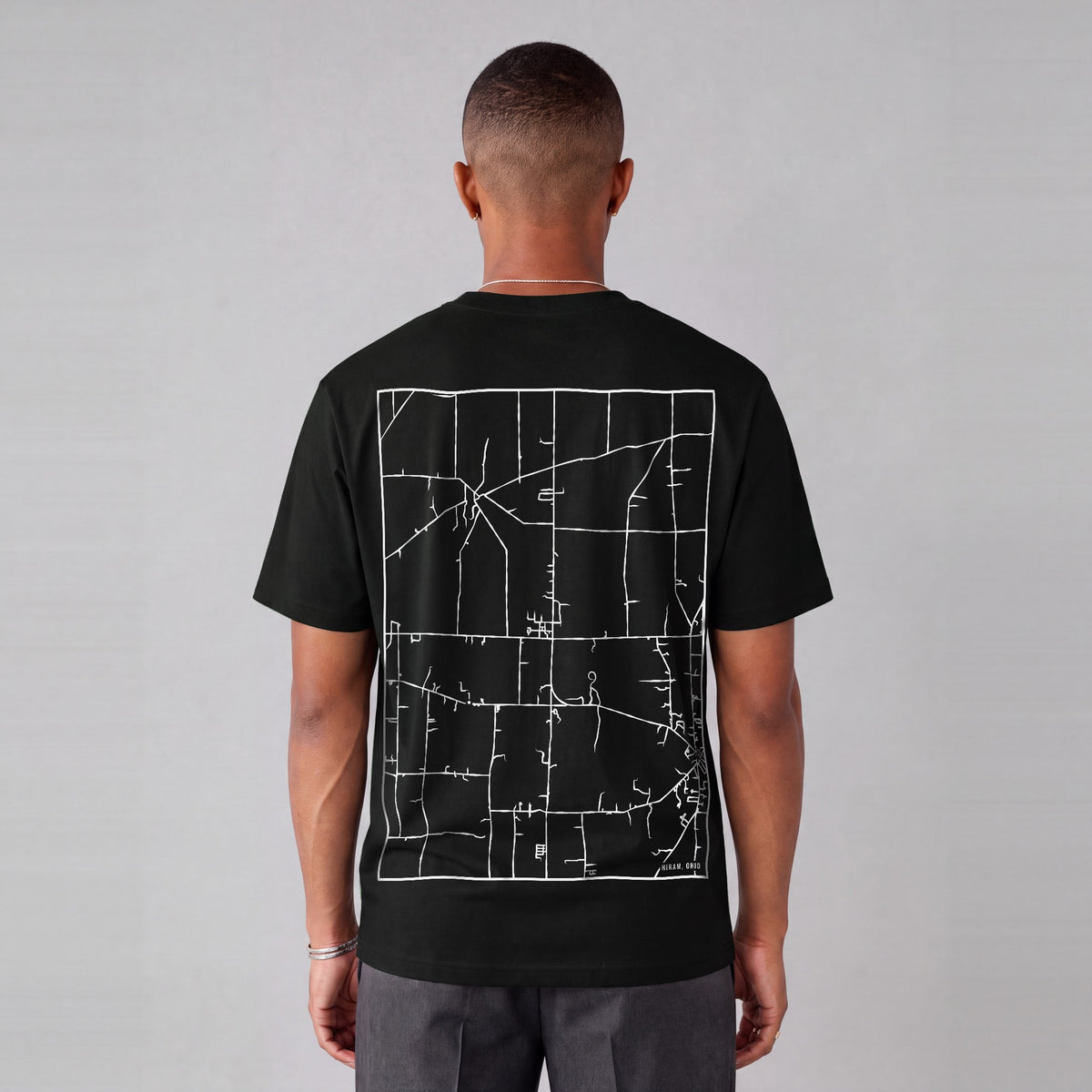 Hiram map tee, back print on model - Black