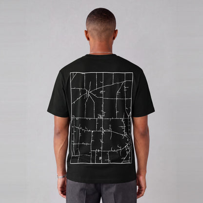 Hiram map tee, back print on model - Black