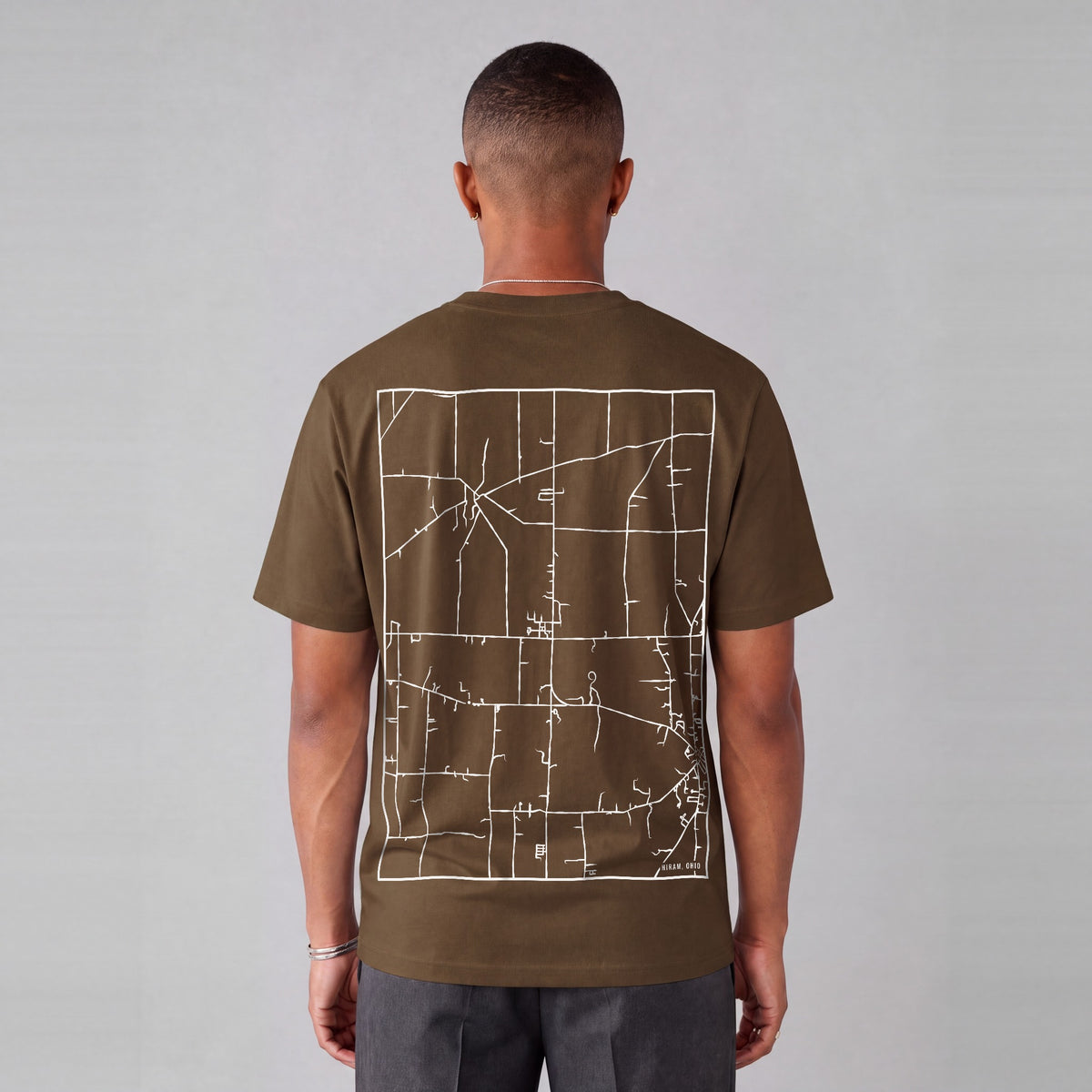 Hiram map tee, back print on model - Coffee