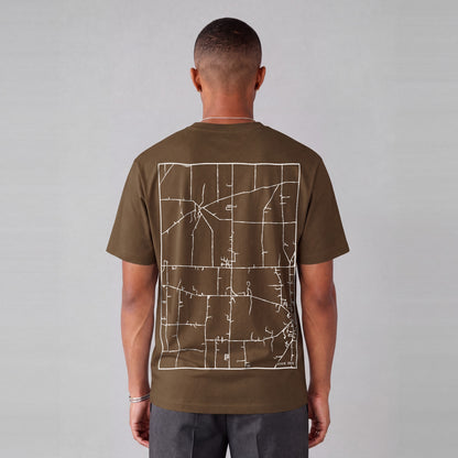 Hiram map tee, back print on model - Coffee