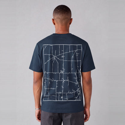 Hiram map tee, back print on model - Navy Blue