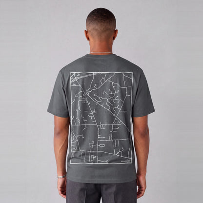 Kirtland map tee, back print on model - Charcoal