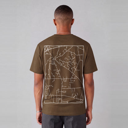 Kirtland map tee, back print on model - Coffee