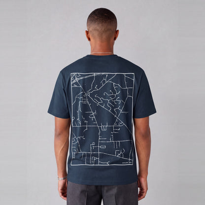 Kirtland map tee, back print on model - Navy Blue
