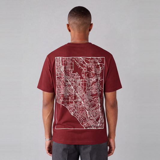 Layton map tee, back print on model - Maroon