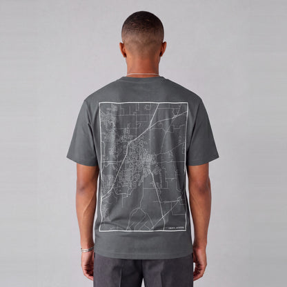 Liberty map tee, back print on model - Charcoal