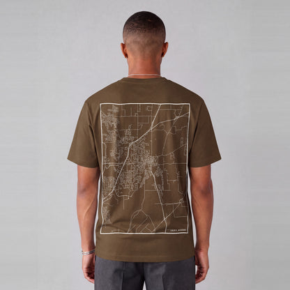Liberty map tee, back print on model - Coffee