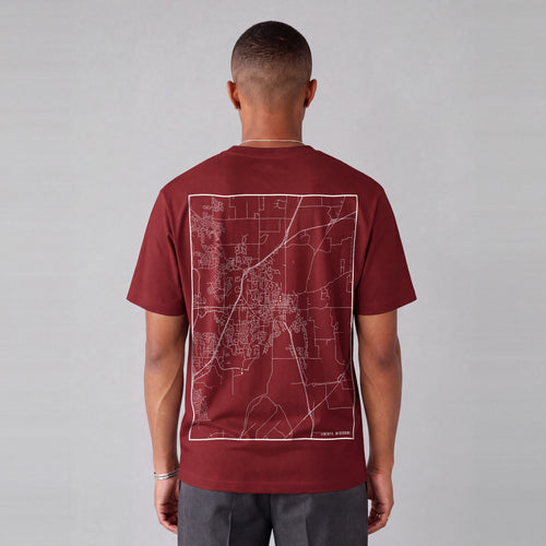 Liberty map tee, back print on model - Maroon