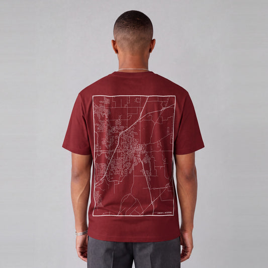 Liberty map tee, back print on model - Maroon