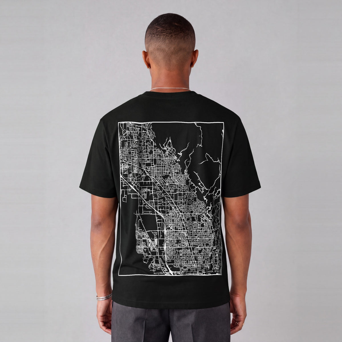 Lindon map tee, back print on model - Black