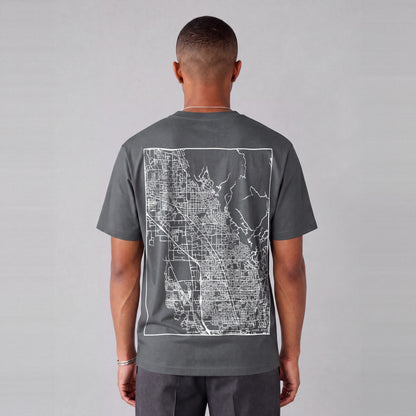 Lindon map tee, back print on model - Charcoal