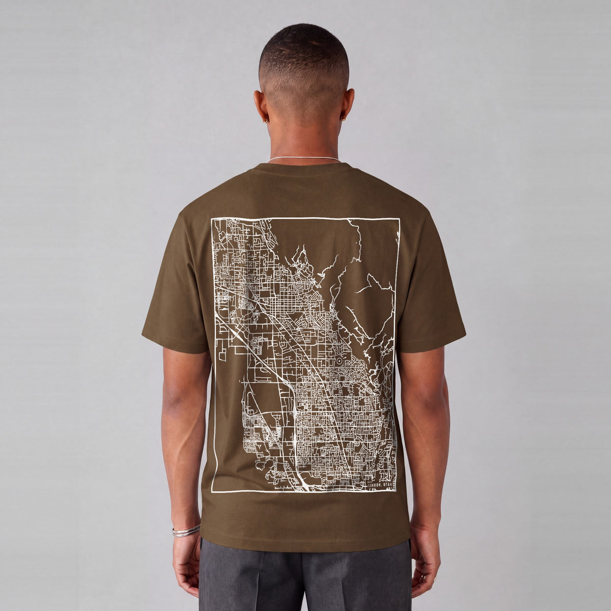 Lindon map tee, back print on model - Coffee