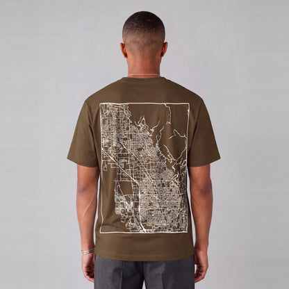 Lindon map tee, back print on model - Coffee
