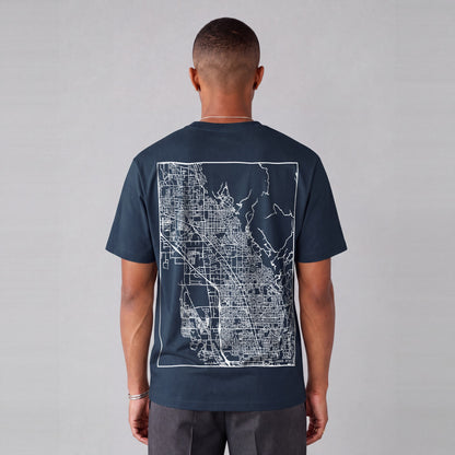 Lindon map tee, back print on model - Navy Blue