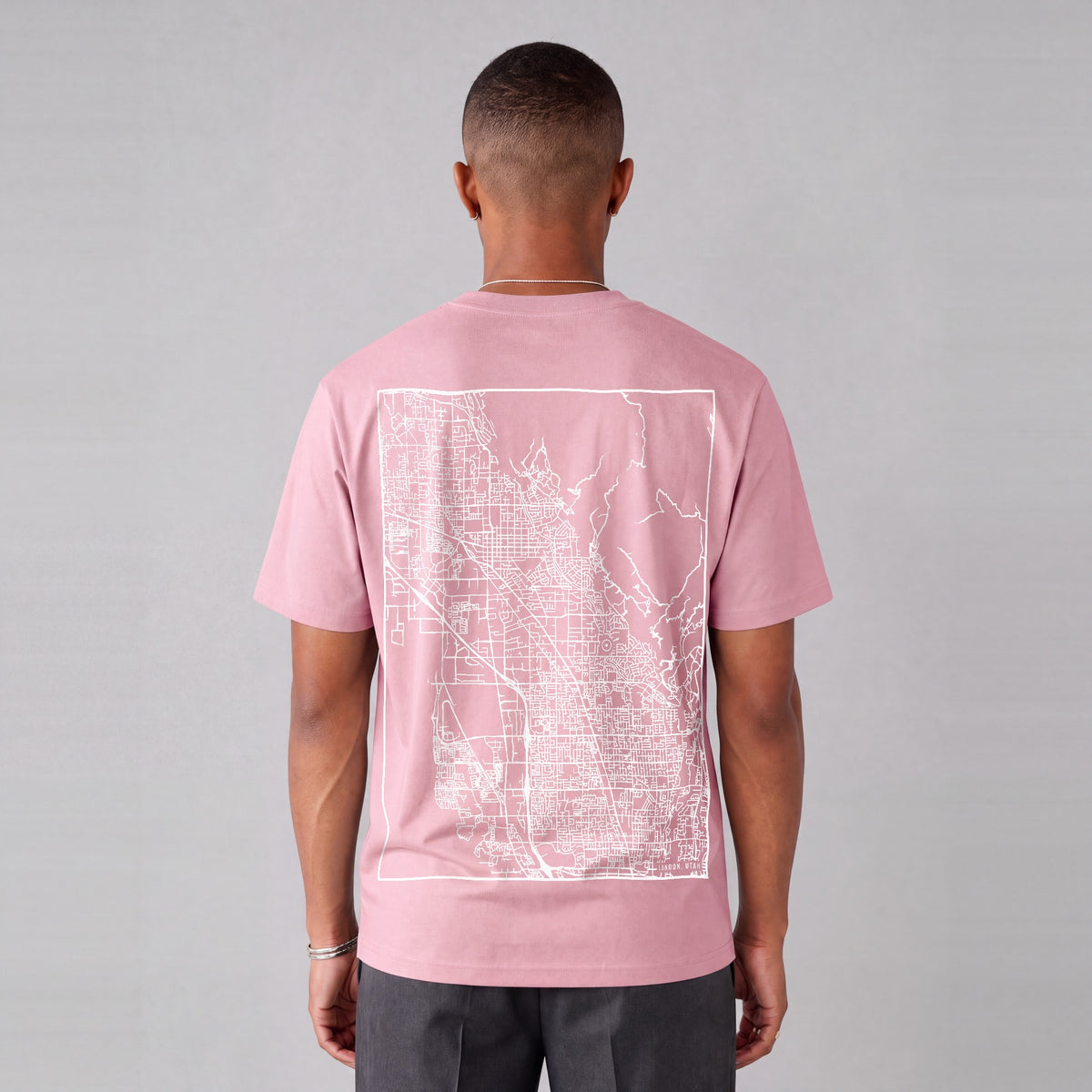 Lindon map tee, back print on model - Pink