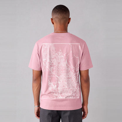 Lindon map tee, back print on model - Pink