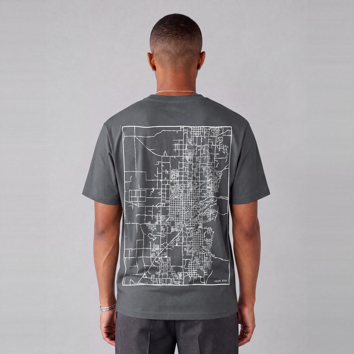 Logan map tee, back print on model - Charcoal