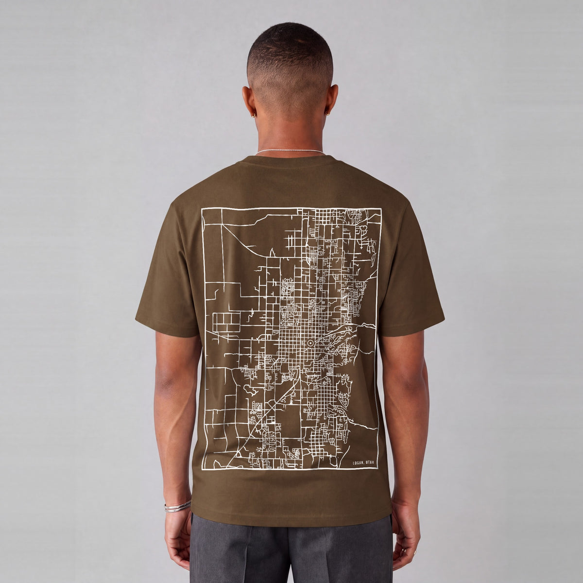 Logan map tee, back print on model - Coffee
