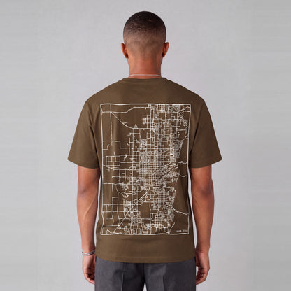 Logan map tee, back print on model - Coffee